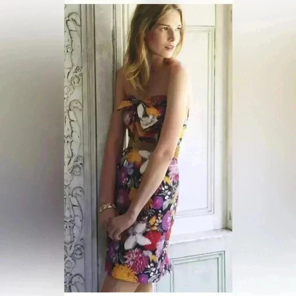 Anthropologie Black Pink Floral Strapless Bow Dress Sz 2 Woman MOULINETTE - Picture 2 of 6